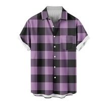 miqiqism Men's Buffalo Plaid Tshirts Lapel Neck Tee Blouses Casual Loose Short Sleeve Top Blouse Trendy Summer Outfits Man Grid Plus Size Clothings,01_Purple,X-Large