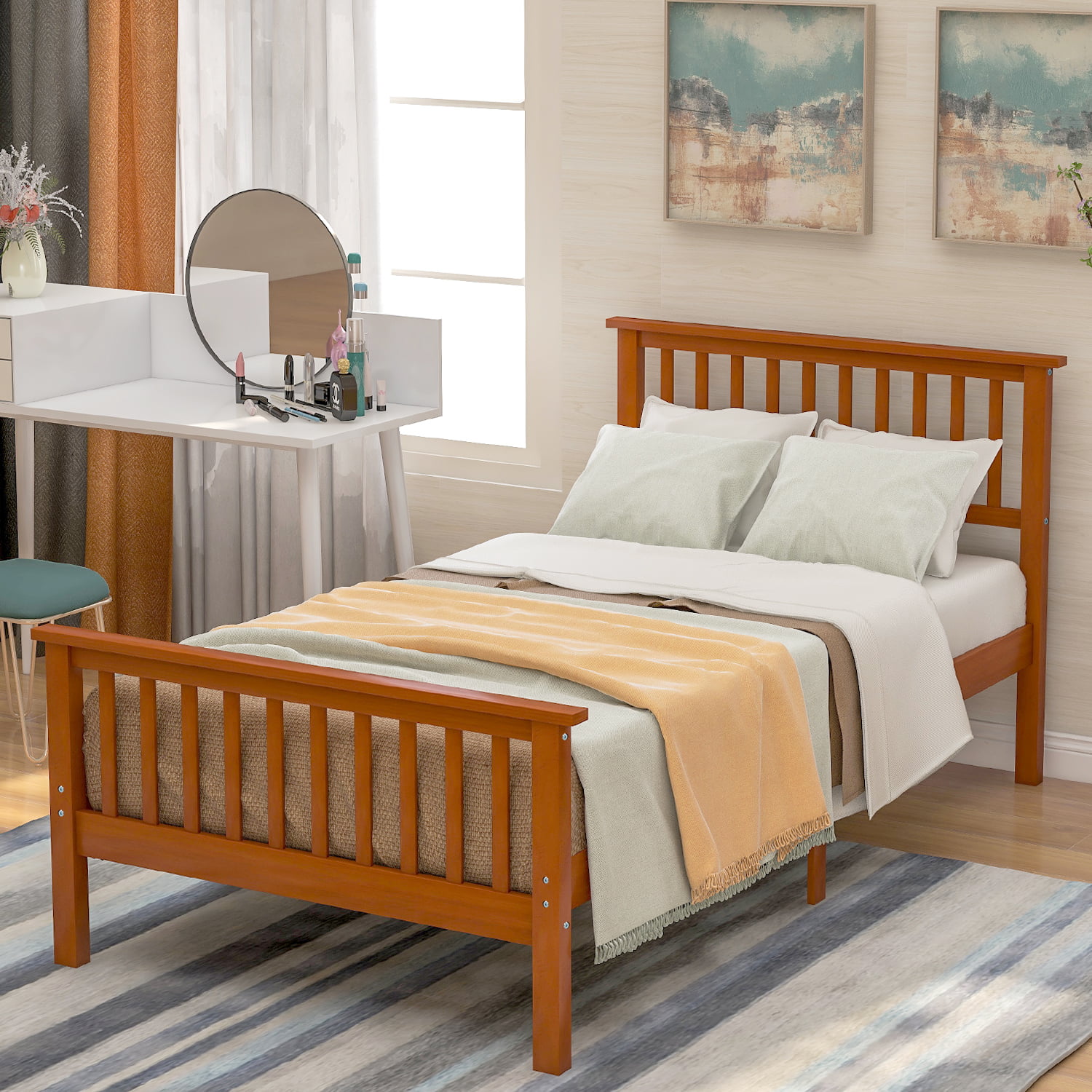 Twin Platform Bed Frame, URHOMEPRO Wooden Twin Bed Frame with Headboard