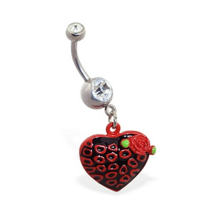 Leopard Roses - Jeweled Belly Ring With Dangling Leopard Print Heart With Rose