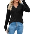 thumbnail image 3 of Long Sleeve Turn-Down Collar Women V-Neck Casual Knit Hoodies Tops, 3 of 4