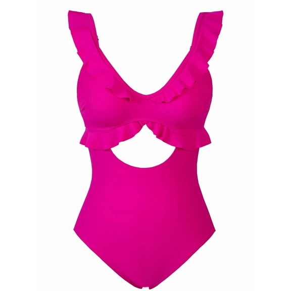 Swimsuit for Women Tummy Control Ruffle Bathing Suit V Neck Ruched Slimming Cutout Swimwear Rose Red S