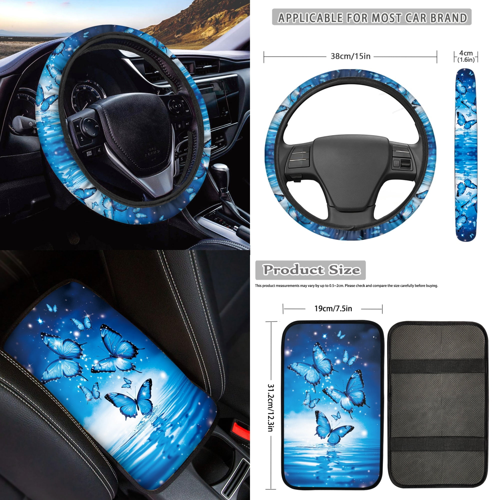 Jeiento Butterfly 17 Pieces Car Seat Cover Full Set for Women, Car Floor Mat, Seat Belt Cover for Adult Steering Wheel Cover Car Accessories for Car SUV Truck, Blue