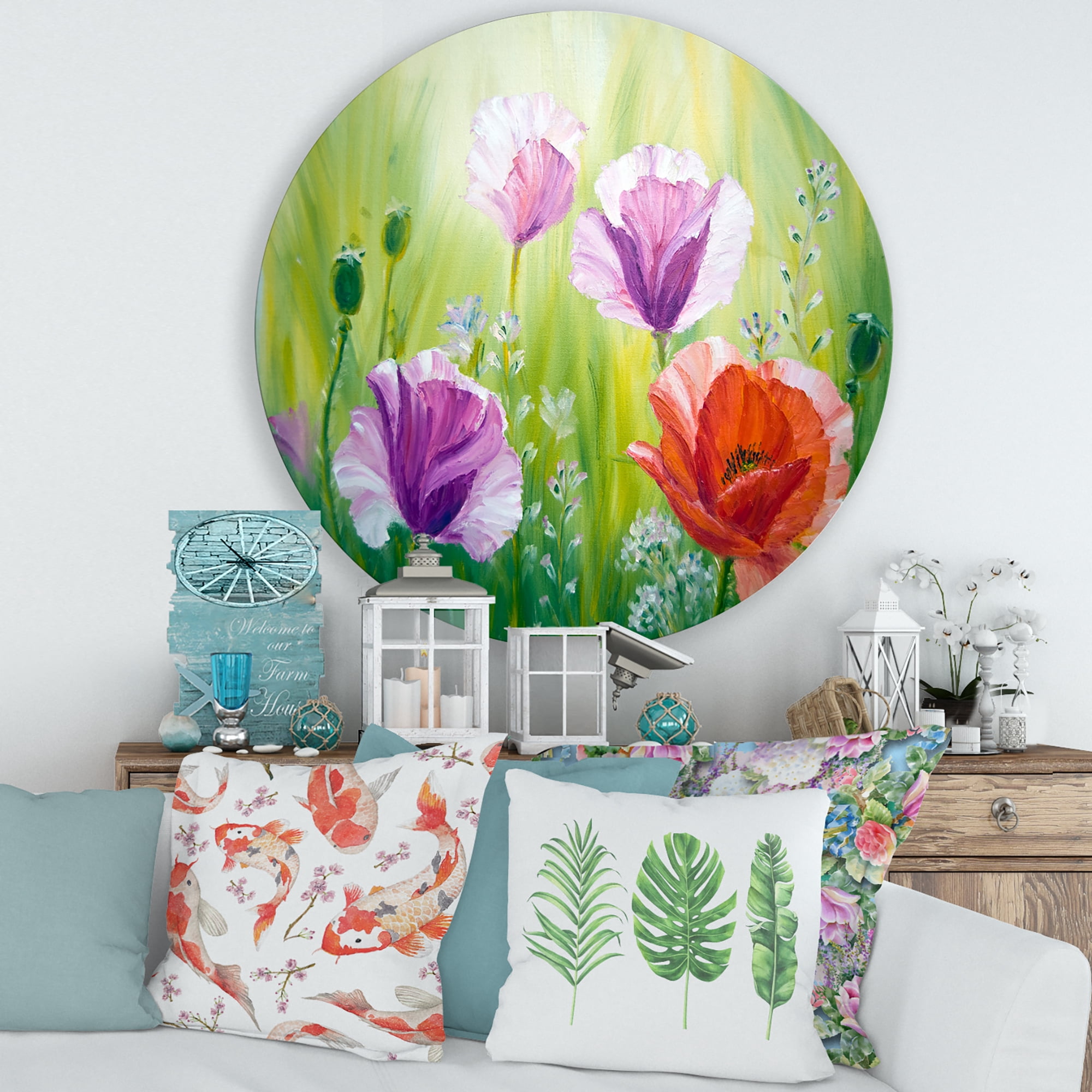 Designart 'Blossoming Red and Purple Poppies In The Morning II' Traditional Circle Metal Wall Art 29x29 - Disc of 29