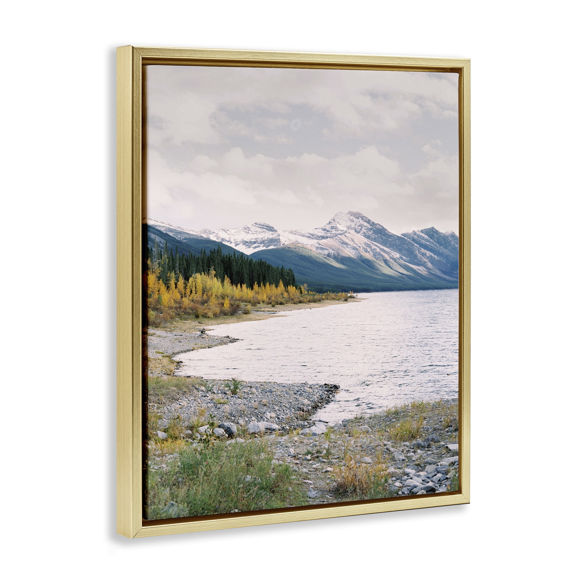 Stupell Industries Mountain Region Shore Landscape Photography Gold Floater Framed Art Print Wall Art, 17 x 21