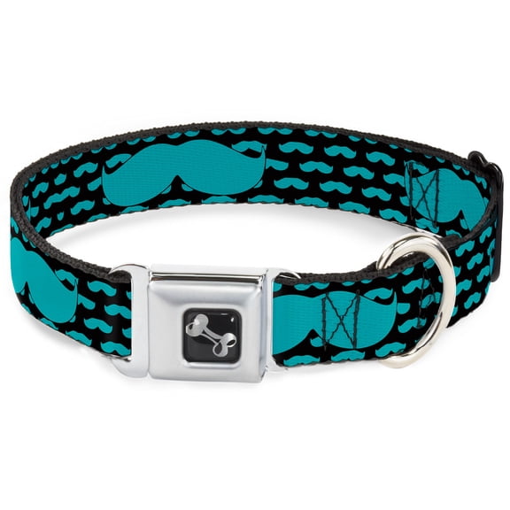 Buckle-Down Pet Collar, Dog Collar Metal Seatbelt Buckle, Mustaches Mini Single Repeat Black Turquoise, 9.5 to 13 Inches 1.0 Inch Wide