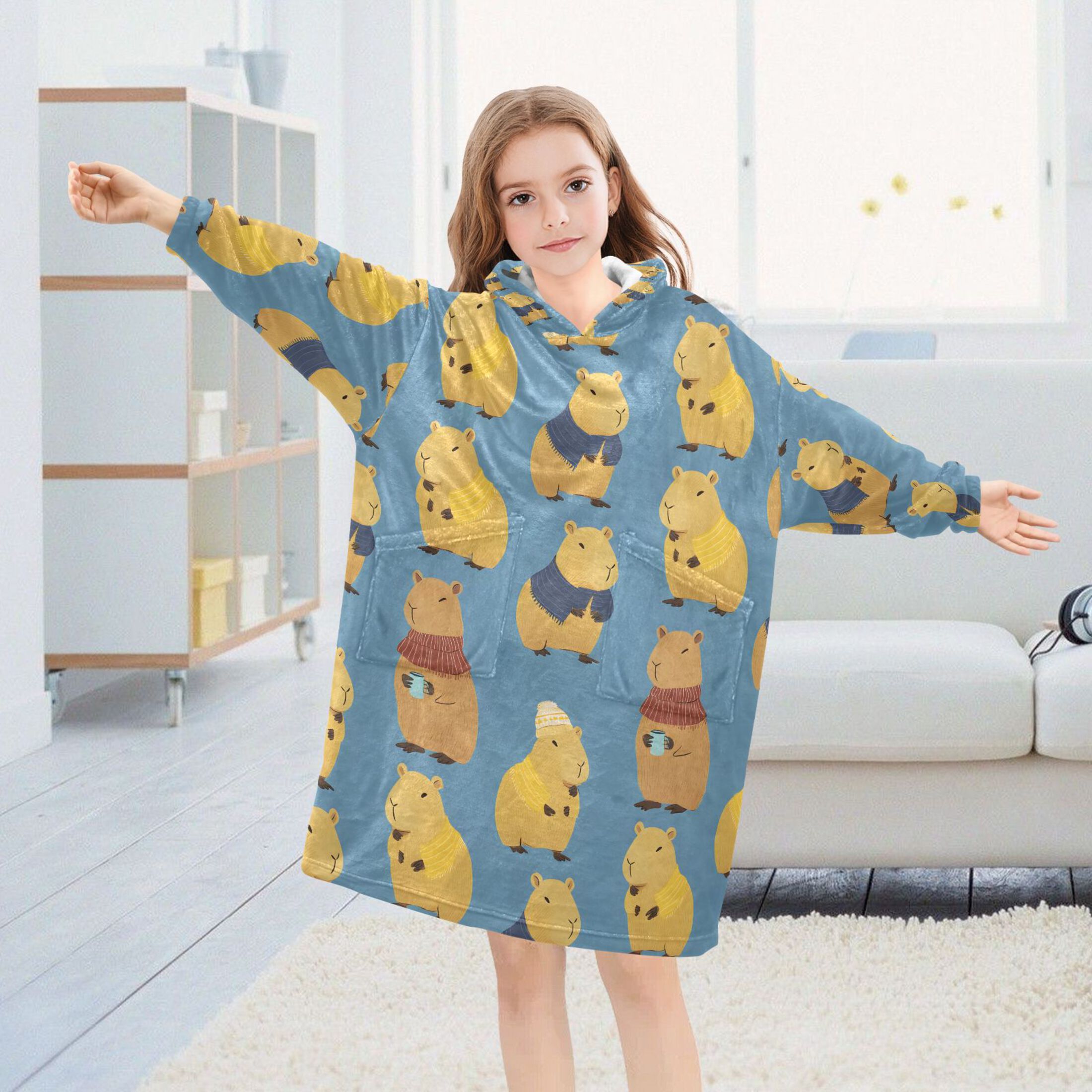 joogoo Blanket Hoodie for Capybara Blue Oversize Sweatshirt 3-14 YR L