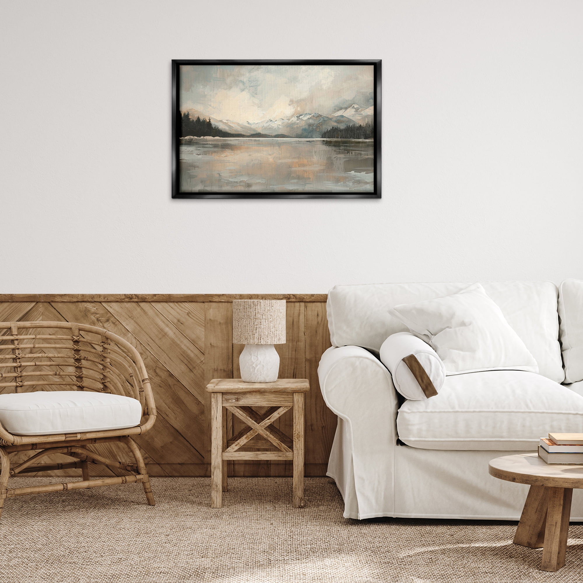 Stupell Industries Frozen Lake Landscape Landscape & Nature Painting Black Floater Framed Canvas Art Print Wall Art, 31 x 21
