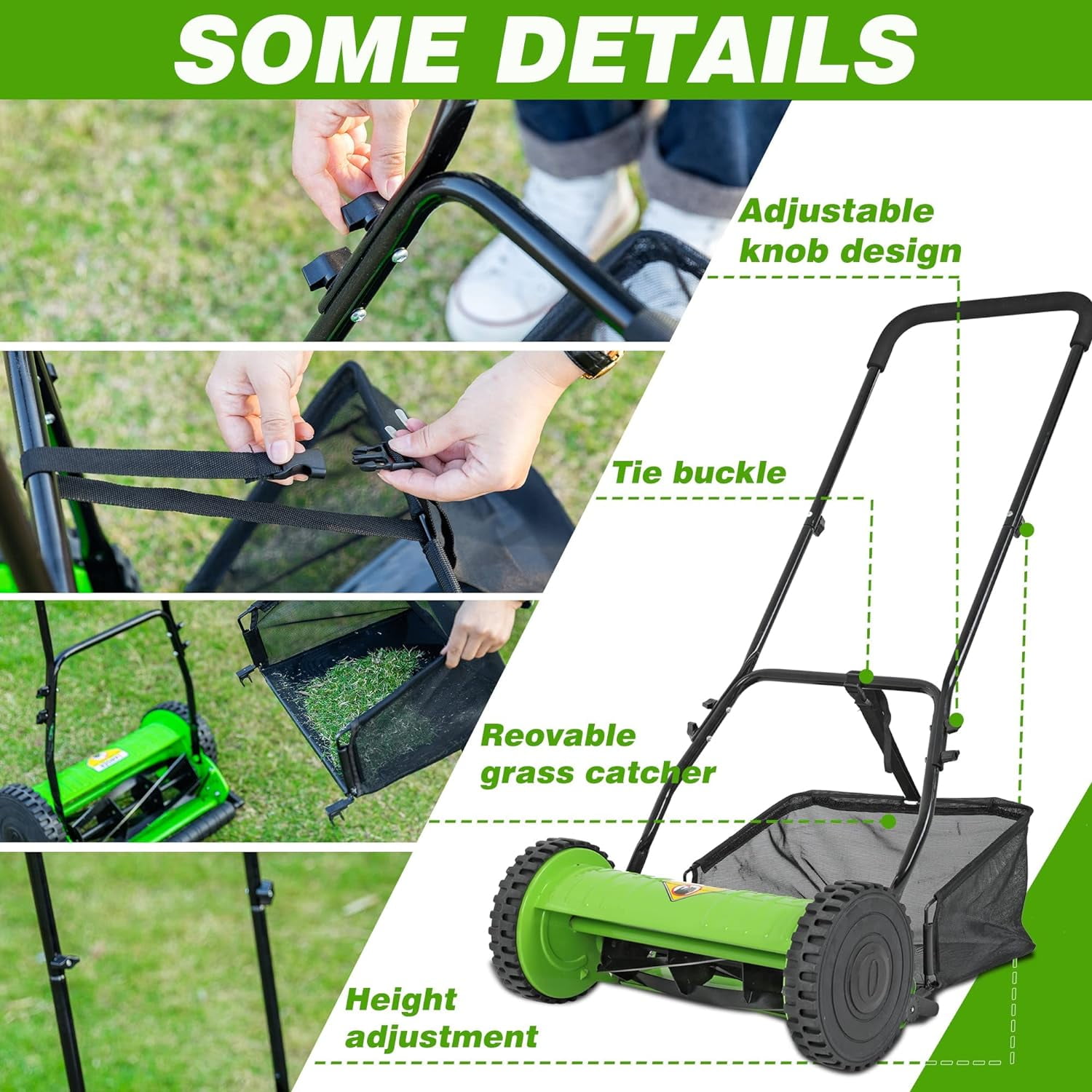 Dkelincs 15 inch Push Lawn Mower Adjustable Cutting Height Lawn Mower 2 Wheels Push Reel Mower with Grass Catcher, Green