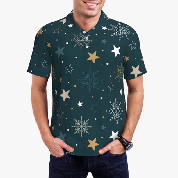 Balery Christmas Snowflake Camisa Polo de Hombre con Estampado, de Manga Corta y Tejido Medio, Camisa Tipo Golf Polo-Small