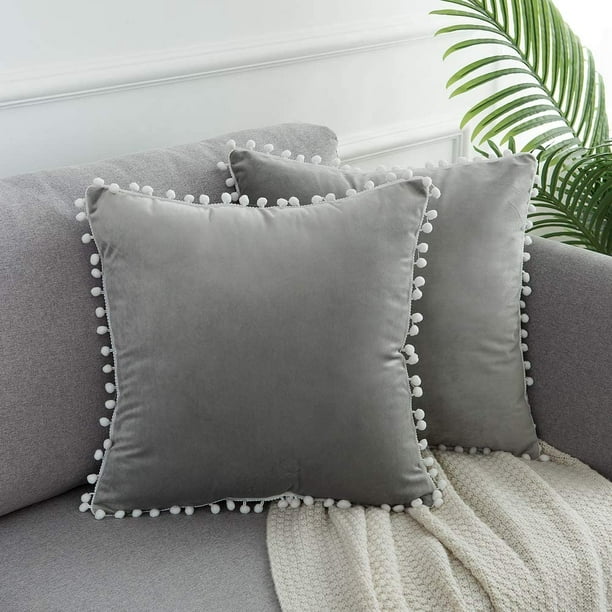 Set of 2 Large Soft Velvet Grey Pillow Covers 24x24 Inch Square Decorative Cute Pom Poms Throw Pillow Covers Cushion Case for Sofa Couch Home
