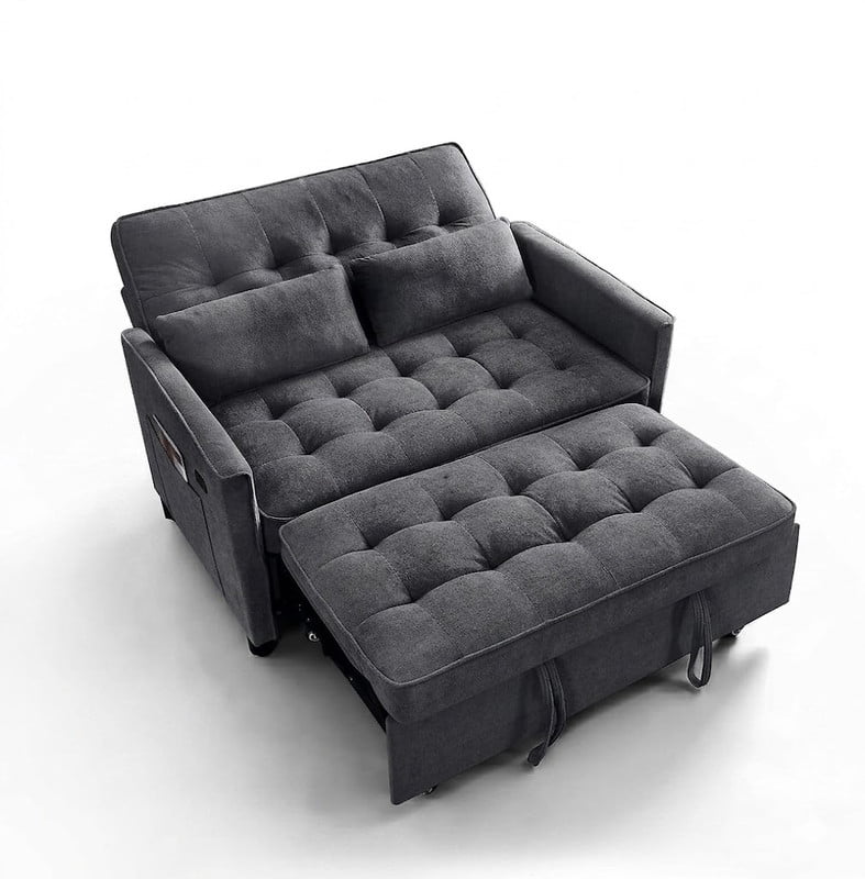 3-in-1 Convertible Sofa Bed with USB Charging Ports, Pull-Out Sleeper Sofa with Adjustable Backrest and Side Pocket, Compact Loveseat Couch for Living Room, Apartment, Dorm