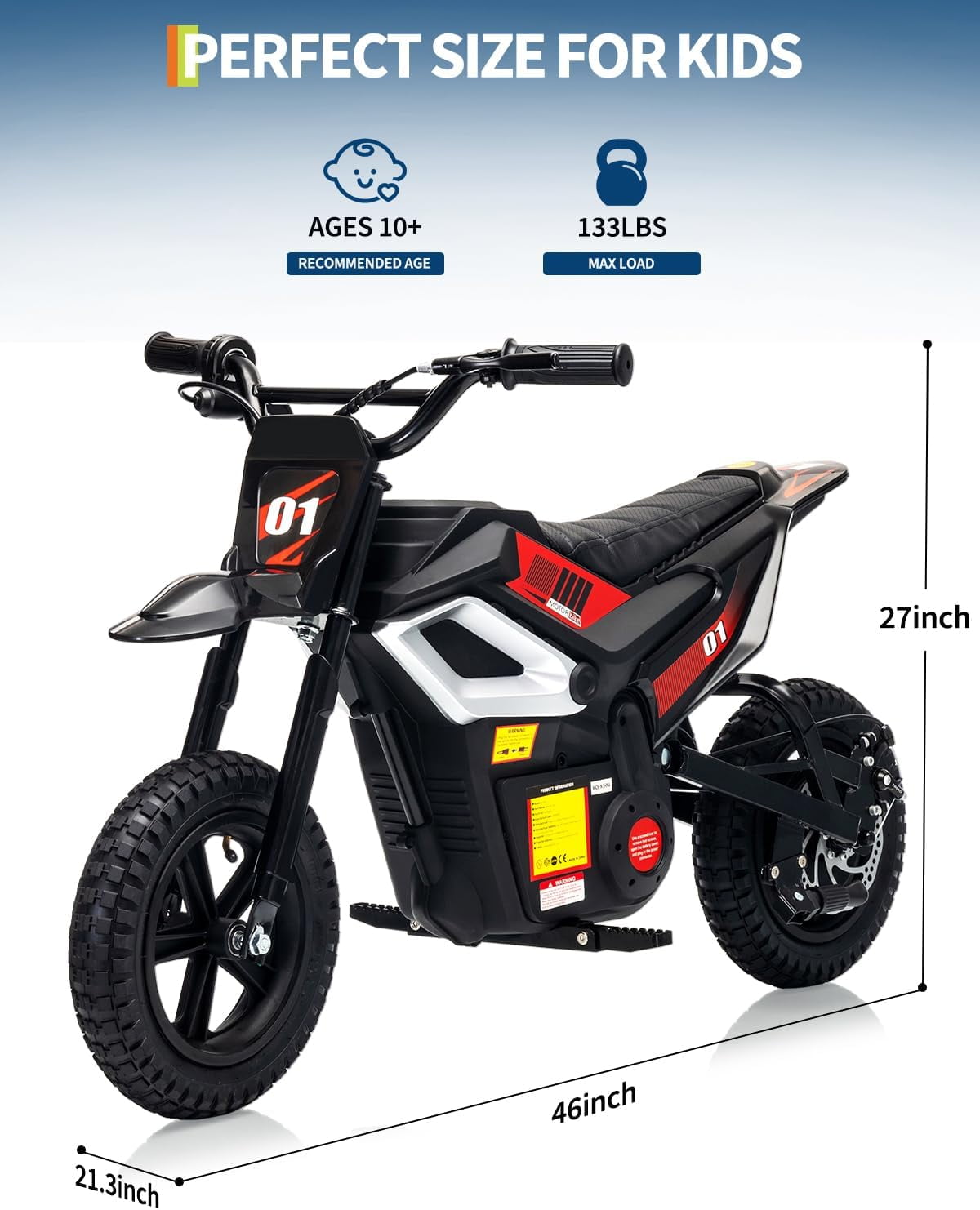 Rugerasy 24V Electric Dirt Bike,Ride on Motorcycle with Rear Wheel Suspension,12 Miles Range,Twist Grip Throttle,Rubber Tire,Birthday & Xmas Gifts,Black