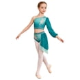 thumbnail image 5 of iiniim Girls Lyrical Dance Outfit One Shoulder Long Puff Sleeve Crop Top With Applique Asymmetrical Skirt Set Green 6, 5 of 7