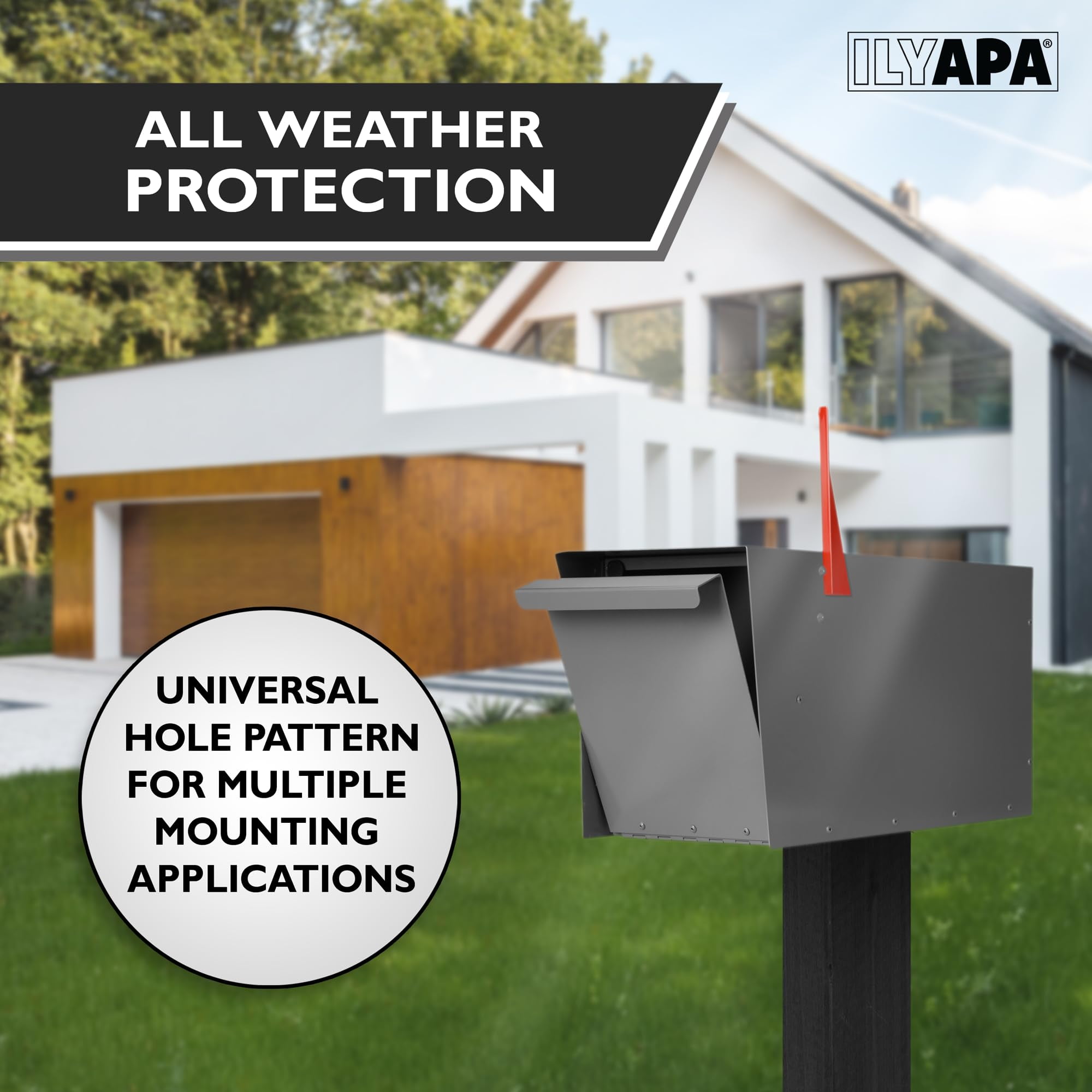 Ilyapa Modern Mailbox for Post Mount - Gray with Gray Door Powder Coated Steel, Waterproof Letter Box for Parcels, with Recessed Magnetic Close Door