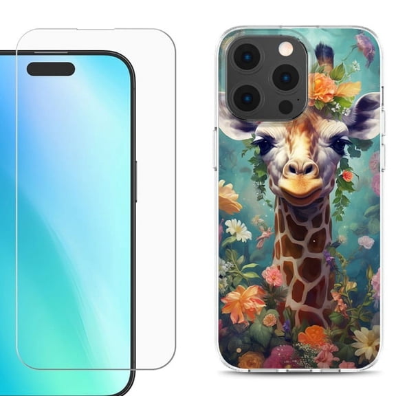 For iPhone 16 Pro Max Phone Case Cover, Shockproof Case with Tempered Glass Screen Protector, by OneToughShield - Giraffe Flower