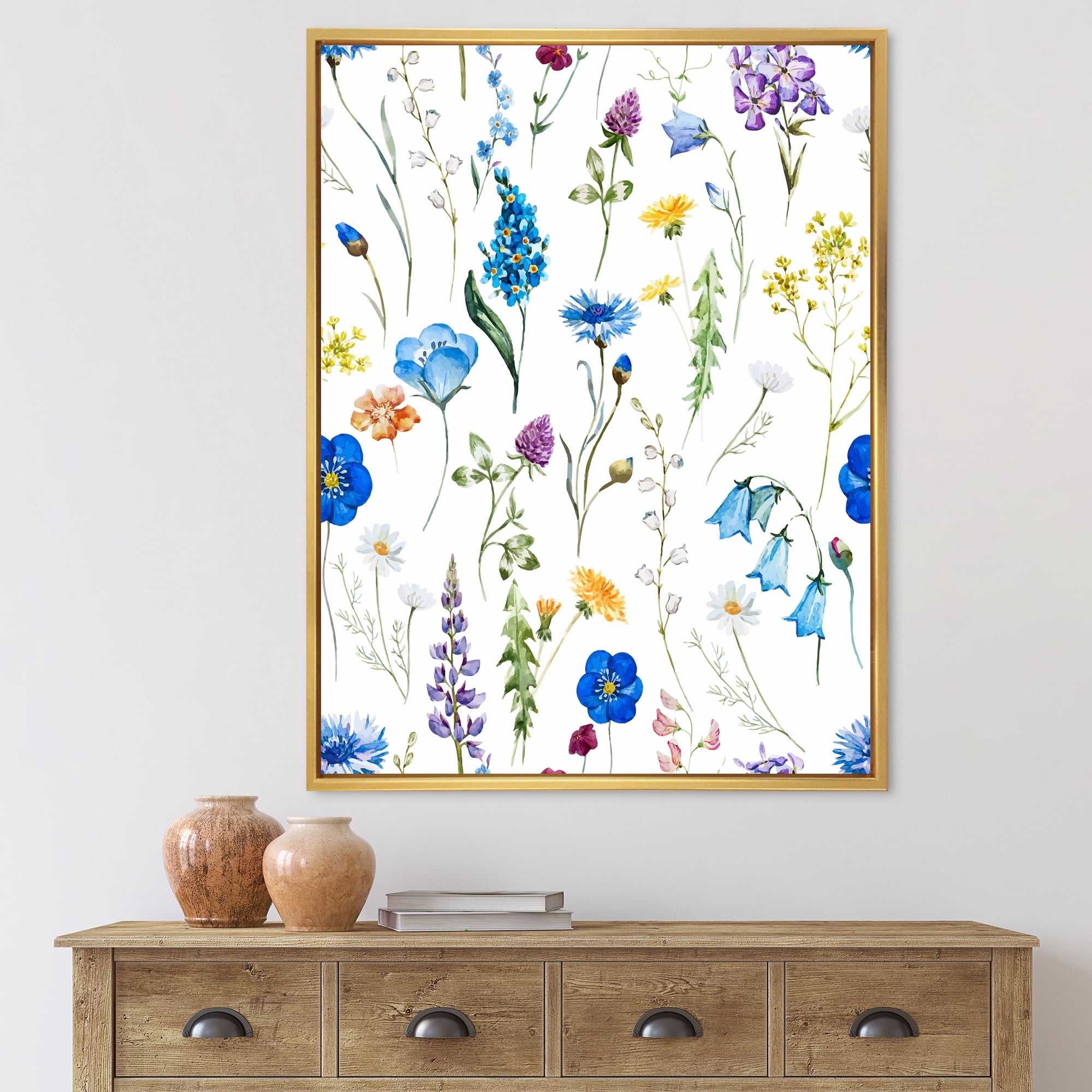 Designart 'Blue Wildflowers With Leaves I' Traditional Framed Canvas Wall Art Print