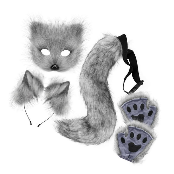 Conjunto de máscara y cola, lindo disfraz de Halloween, conjunto de guantes de cola de animal para Gris oscuro