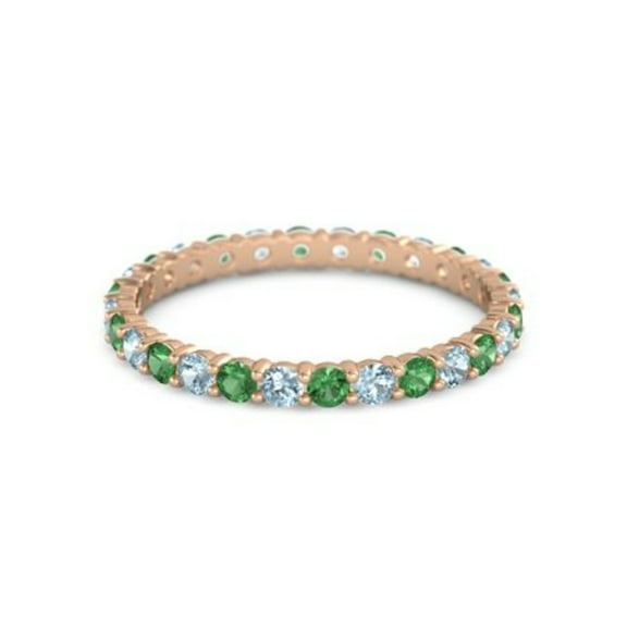 Round Eternity Band Emerald Aquamarine 925 Sterling Silver Rose Plated Ring