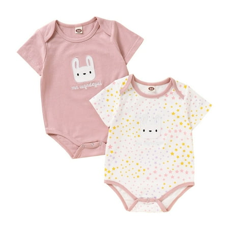 

Newborn Baby Girls Romper Jumpsuit Rabbit Letter Print+Rabbit Star Print Bodysuit Round Neck Short Sleeve Romper 2PCS Set 9-12 Months