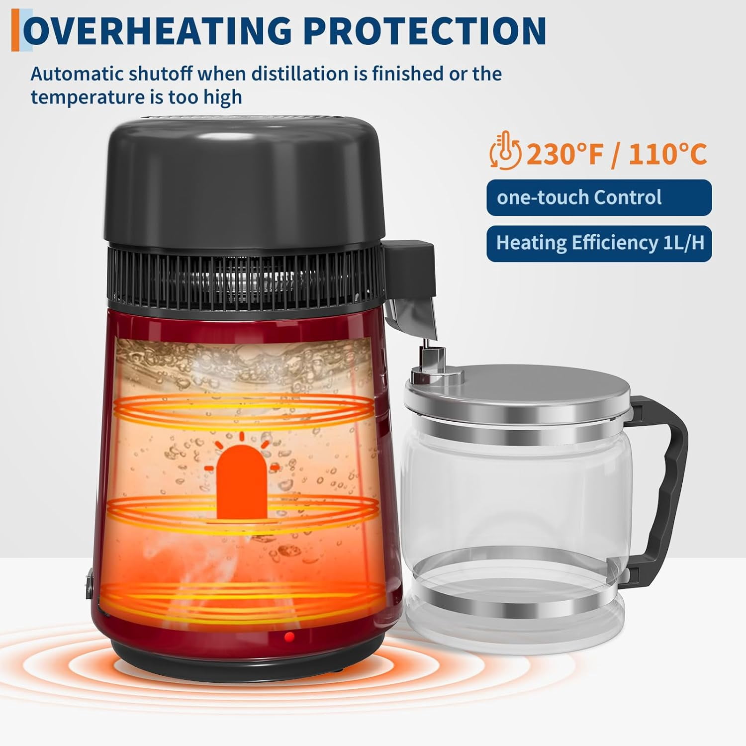 Sunvasagoo 4L Stainless Steel Water Distiller, 110V/750W, Gold/Red/Silver Glass Jug