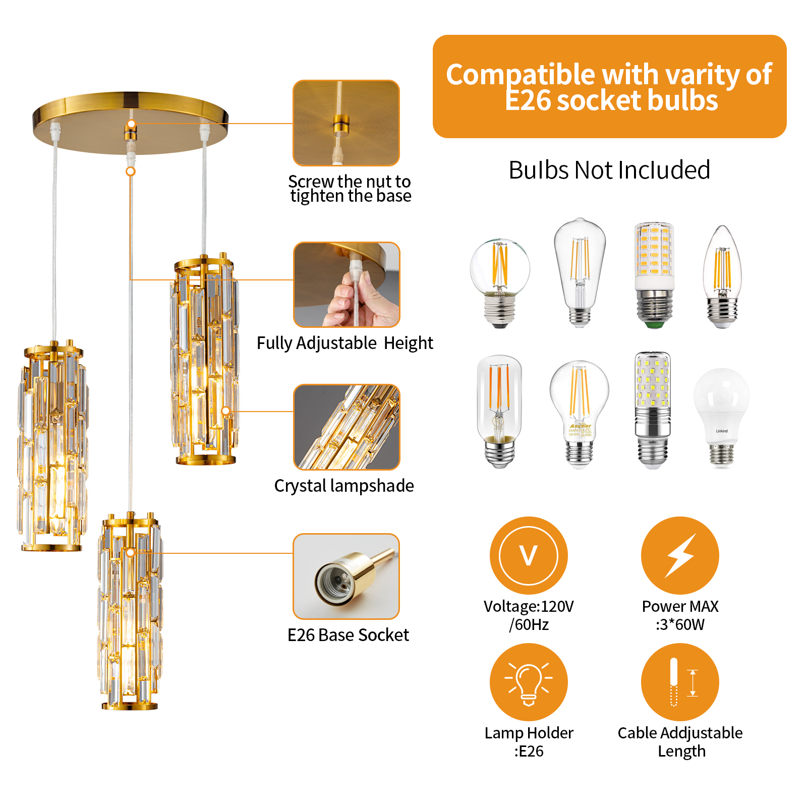 Modern Pendant Lighting, ZHLWIN Mini Crystal Chandeliers,Adjustable Pendant Light Fixture for Kitchen Island Dinning Room Bedroom, Gold