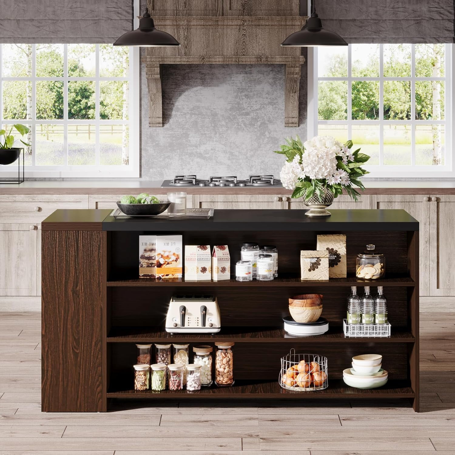 Tribesigns 55" Kitchen Island with Storage, Farmhouse 5-Tier Stationary Island Table with 5 Shelves