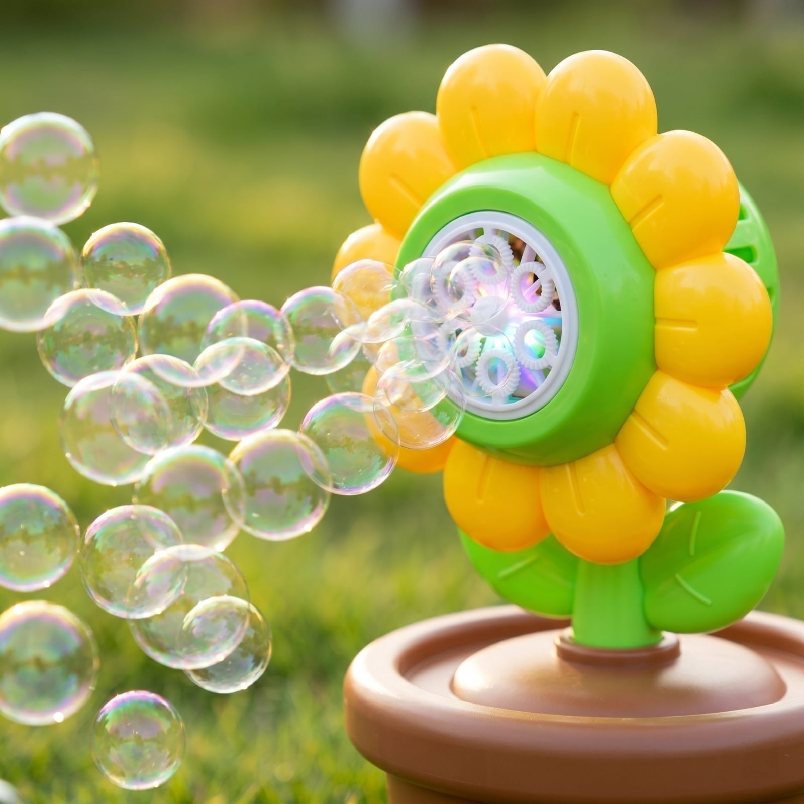 Electric Sunflower Bubble Blowing Machine with LED Lights and Music, Complete Set with Bubble Solution and Battery for Outdoor Parties and Backyard Fun (Yellow)