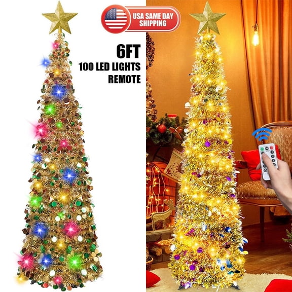 6FT Pop up Colorful Christmas Tree Top Star & 100 LED Light Remote Home Decorate