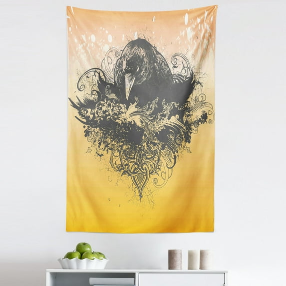 Black Tapestry, Halloween Theme Vector Illustration of a Wicked Crow and Ornate Flowers Print, Fabric Wall Hanging Decor for Bedroom Living Room Dorm, 5 Sizes, Black and Mustard, by Ambesonne