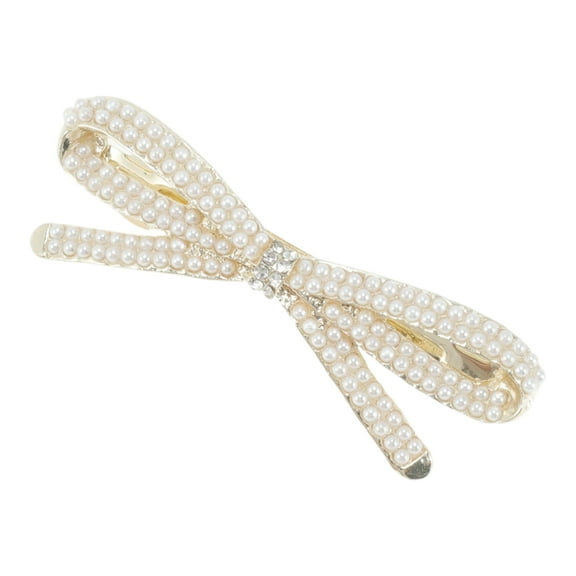 Unique Bargains 1 Pc Hair Clips Cute Pearl Bow Spring Clip Hairdo Clip Gold Tone White