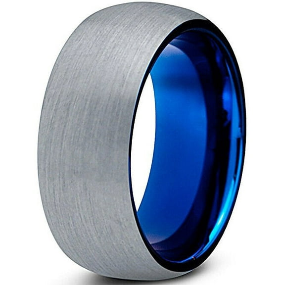 Wedding Ring Men & Women 8mm Gray Silver Matte Top Inner Blue Tungsten Band