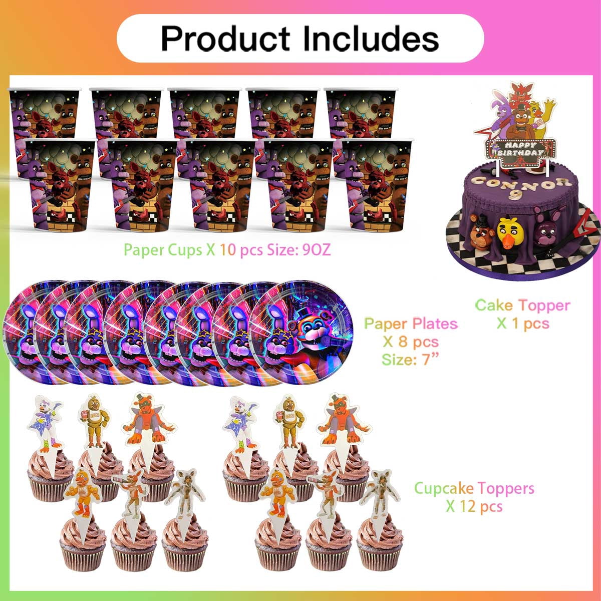 Five Nights at Freddy's Birthday Cups Party Supplies Plates Decorations Cake Topper Decor