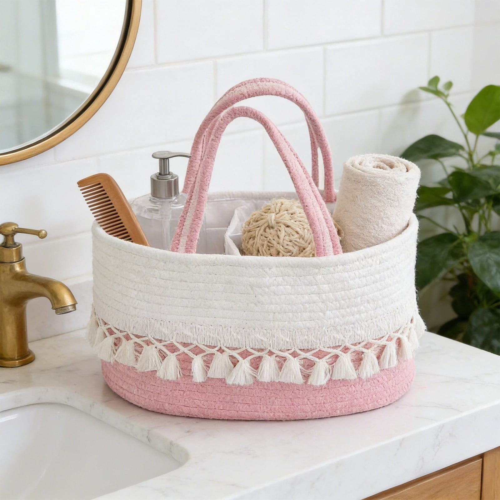 Diaper Caddy and Toy Storage Basket, Woven Cotton Rope with Divided Compartments, Tassel Handles, Farmhouse Boho Nursery Organizer, Blush Pink 14"