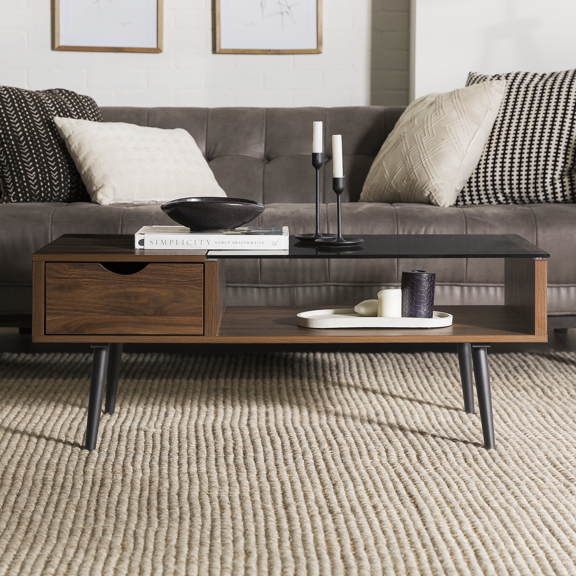 Walker Edison Booker Single-Drawer Wood/Glass Coffee Table, Multiple Finishes
