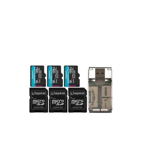 Kingston 128GB MicroSDXC Canvas Go Plus Memory Card (3-Pack) Bundle with Focus All-In-One High-Speed Card Reader (4 Items)