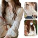 thumbnail image 2 of Camisa de gasa de manga larga para mujer, Tops elegantes de moda de primavera para mujer, Tops de encaje con cuello en V de manga larga, color crema albaricoque, 2 of 8