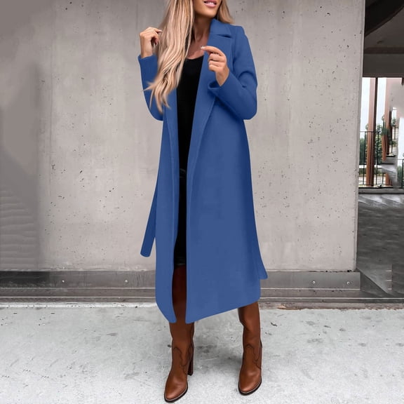 Women's Winter Woolen Coat Elegant Lapel Trench Coat Solid Color Long Jacket with Work Tie, in Blue, Size L
