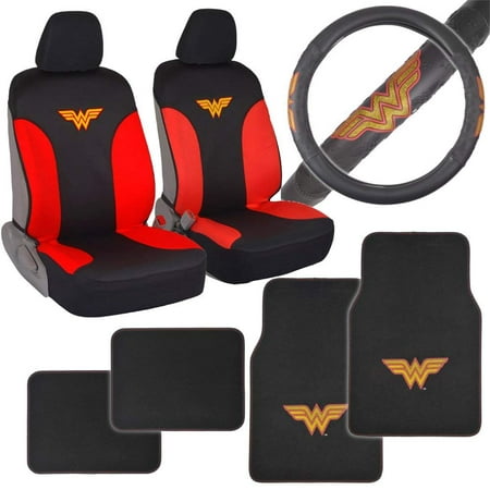 Wonder Woman Auto Accessories Combo Pack - Waterproof Seat Covers, Synth Leather Steering Wheel Cover & 4 Piece Car Floor Mats for Car SUV Van