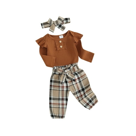 

Qtinghua Newborn Baby Girls Fall Spring Outfits Button Long Sleeve Romper Plaids Long Pants Headband 3Pcs Clothes Khaki 6-9 Months