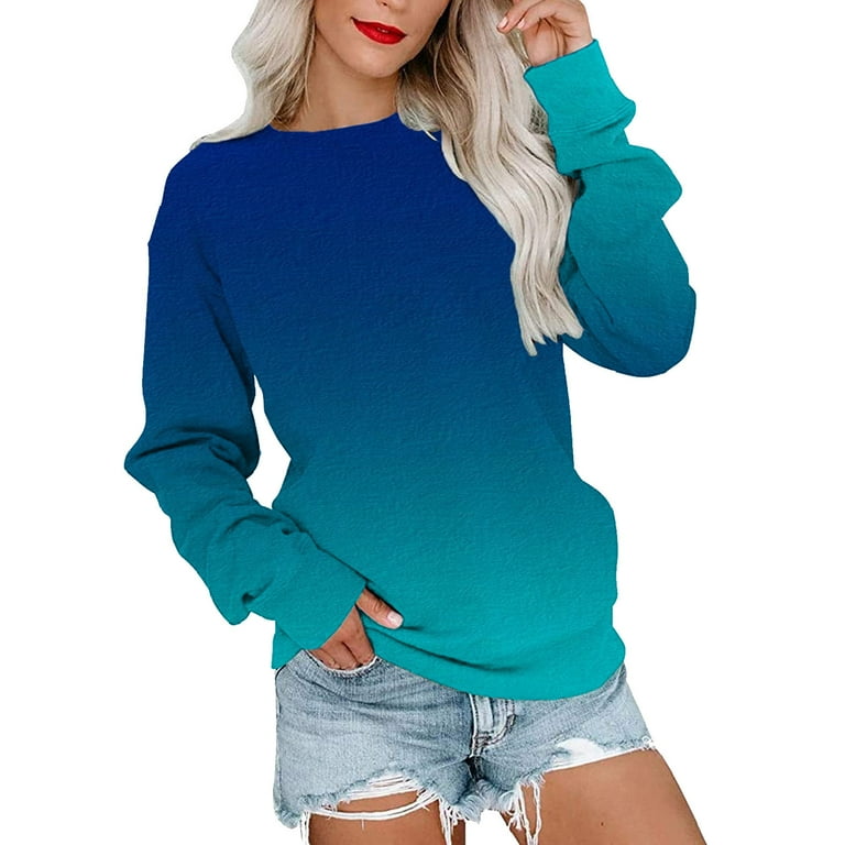 JDEFEG Distressed Pullover Womens Casual Round Neck Sweatshirt Long Sleeve Top Gradient Pullover Loose Version Pullover Sweater Inexpensive Womens