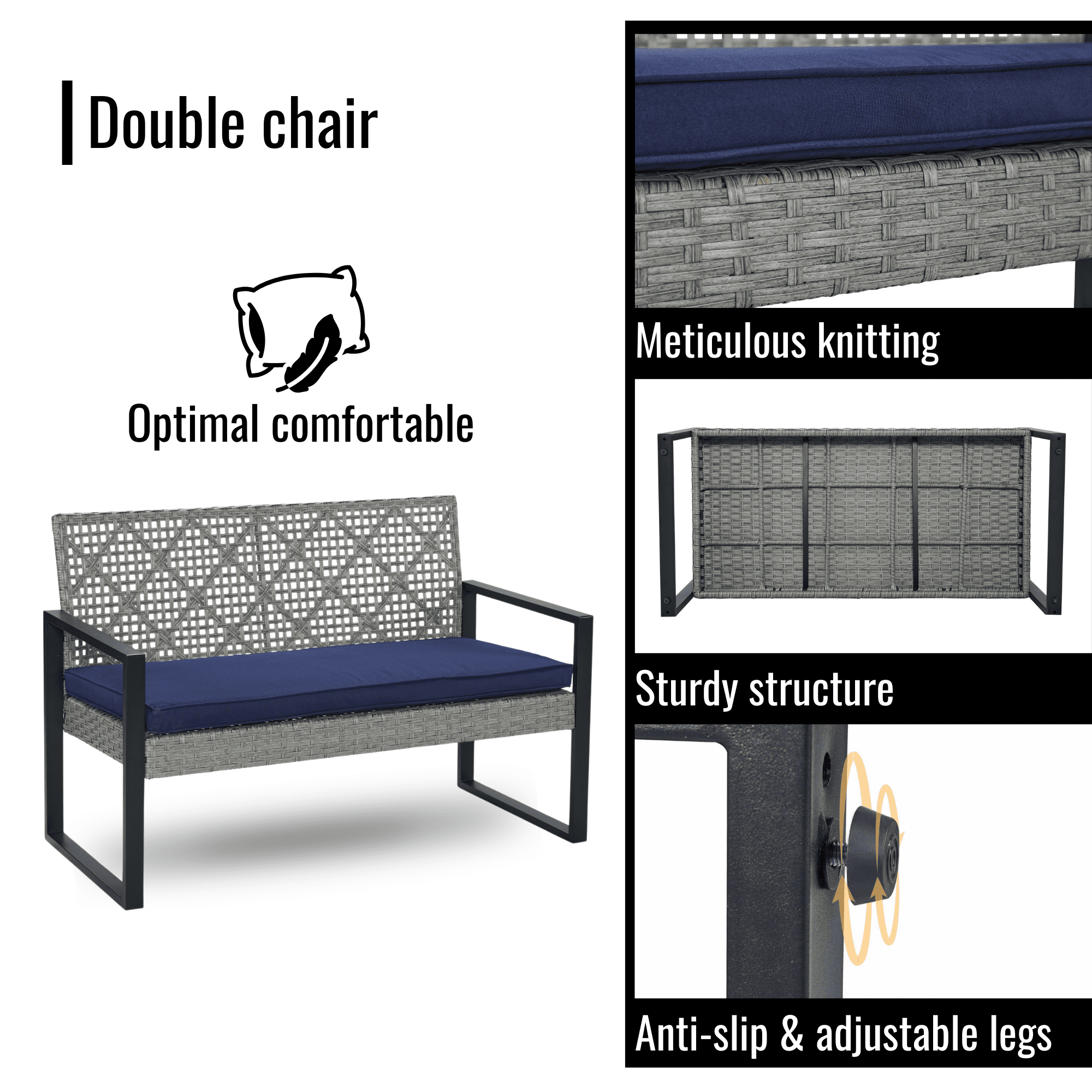 Clearance! Patio Conversation Set for 4, All-weather Outdoor Rattan Furniture Set, Wicker Sectional Patio Table and Chairs Set for Porch Backyard Balcony, Navy Cushions