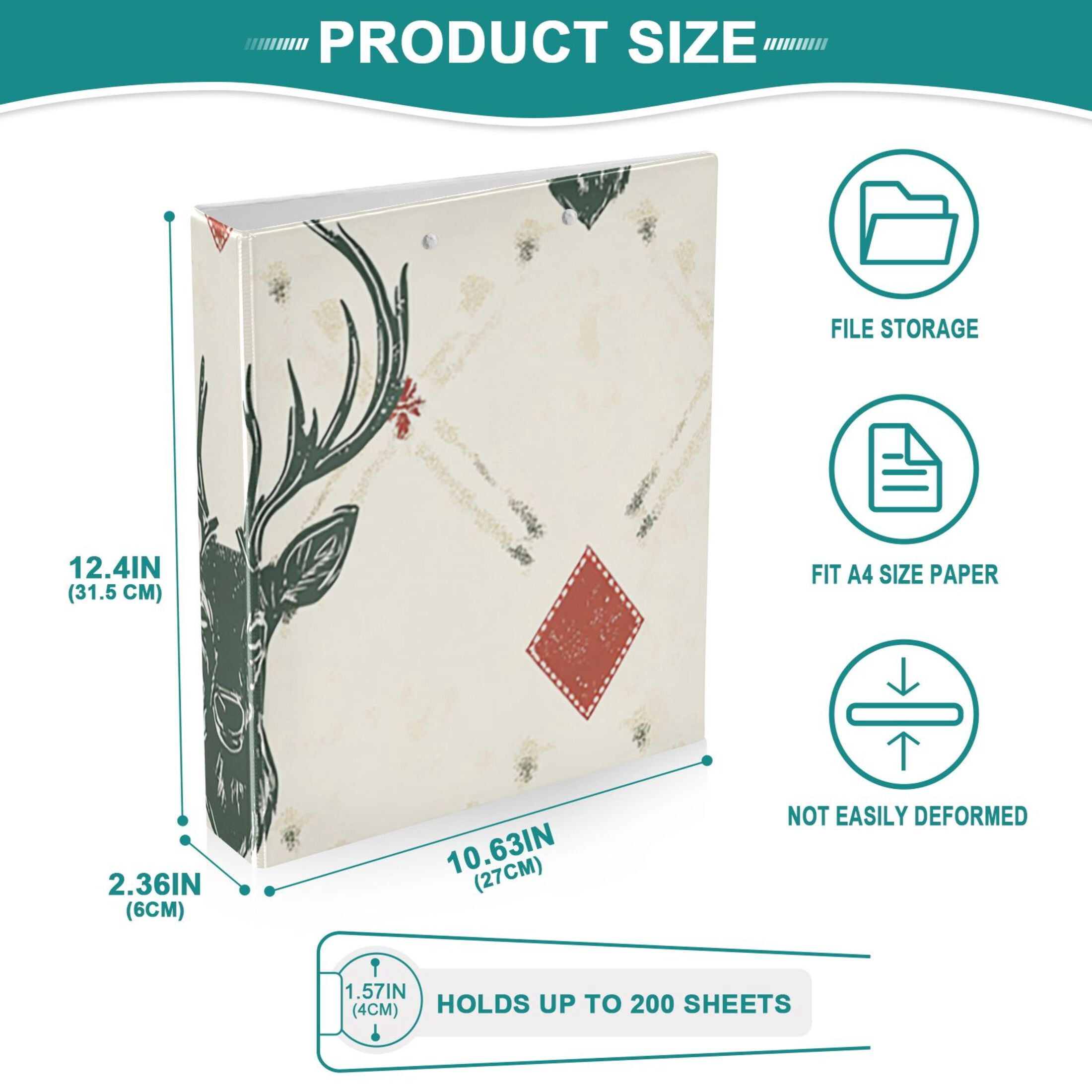Christmas Deers 3 Ring Binders 1.5 inch Hardcover File Folders with Interior Pockets A4 Size Organizer for School Office Hospital