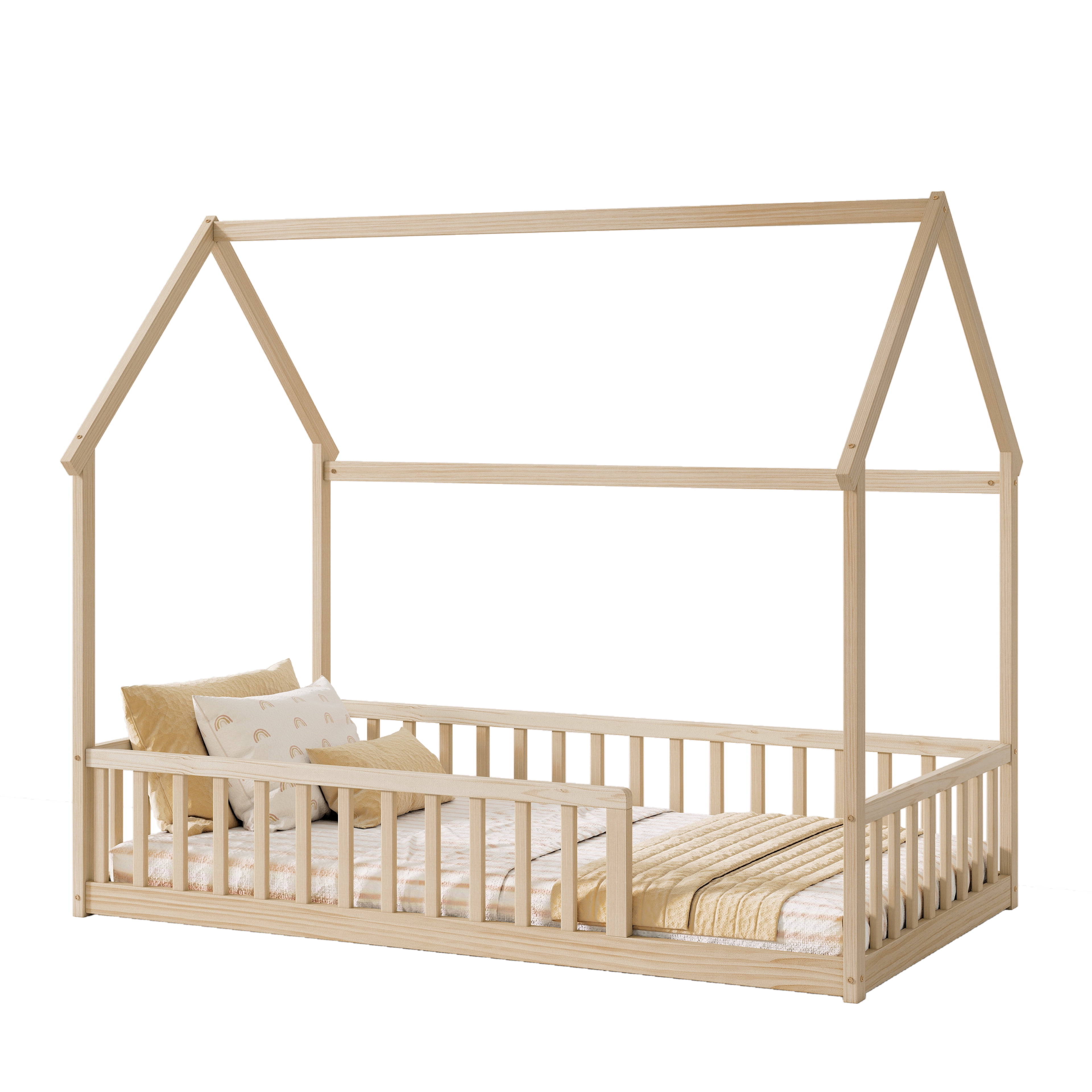 Natural Twin House Floor Bed with Full Safety Fence, Solid Pine Montessori Kids Playhouse Bed Frame No Box Spring Needed Max 250 LBS for Toddler Nursery Bedroom