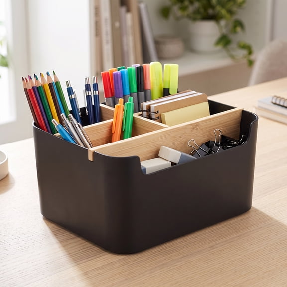 Desktop Organizer Remote Control Holder with Removable Bamboo Divider, 5 Compartments for Nightstand, Bedside Desk