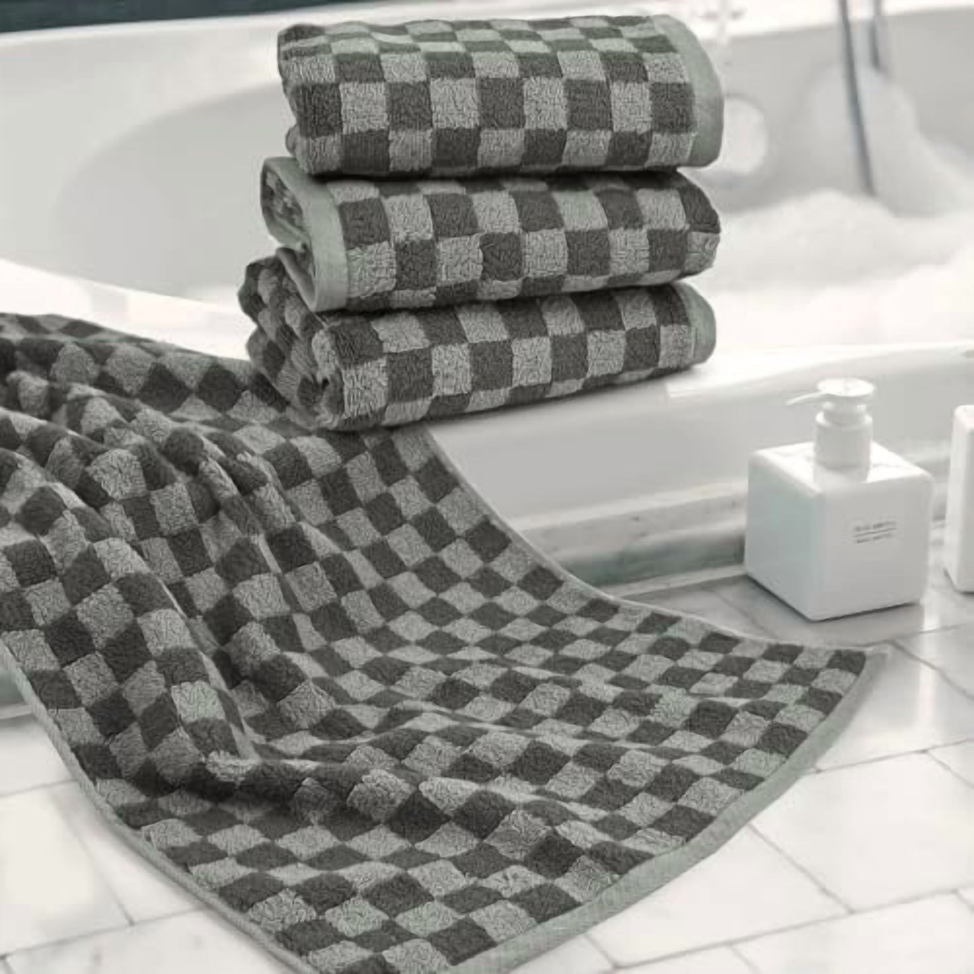 Soft Hand Towels 4 Pack, Grey Checkered Face Towel Set for Bathroom Kitchen, Decorative Quick Dry Towel 13x29 Inches