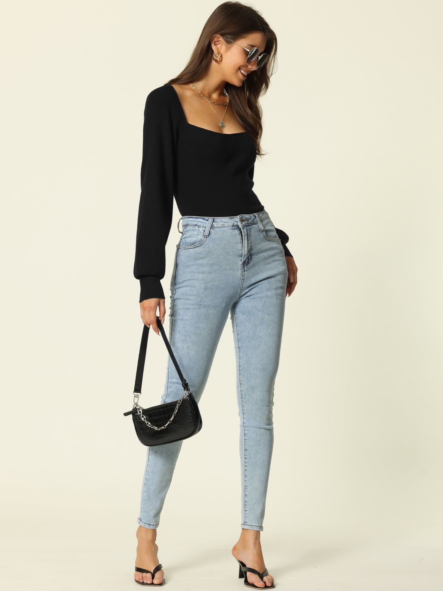 DARING DIVA Square Neck Ribbed Knit Pullover Sweater Top S Black
