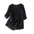 thumbnail image 3 of ClodeEU Women's Embroidered Linen Blend V Neck Short Sleeve T-Shirt ,Casual Top for Summer Black,Womens Plus XL, 3 of 6