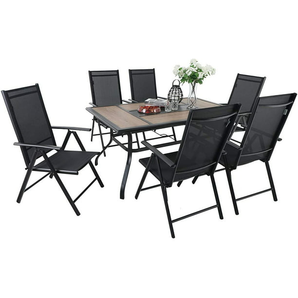 PHI VILLA 7 pcs Patio Dining Set, 6 Space Saving Outdoor Reclining Folding  Sling Chair with Armrest & 1 Large Rectangle Patio Dining Table with 