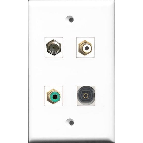 RiteAV 1 Port RCA White and 1 Port RCA Green and 1 Port Coax Cable TV- F-Type and 1 Port Toslink Wall Plate