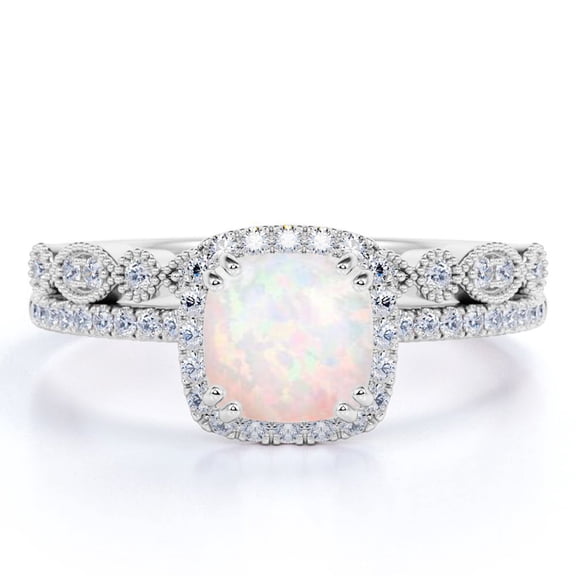 JeenMata Vintage 2 ct Halo Cushion Cut Opal and Moissanite Bridal Set in 18K White Gold over Silver